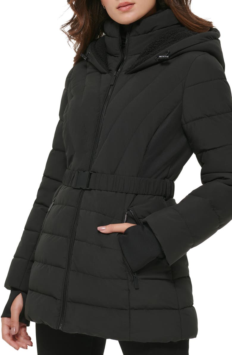 Kenneth Cole New York Berber Belted Stretch Water Resistant Hooded Puffer Jacket, Main, color, 
