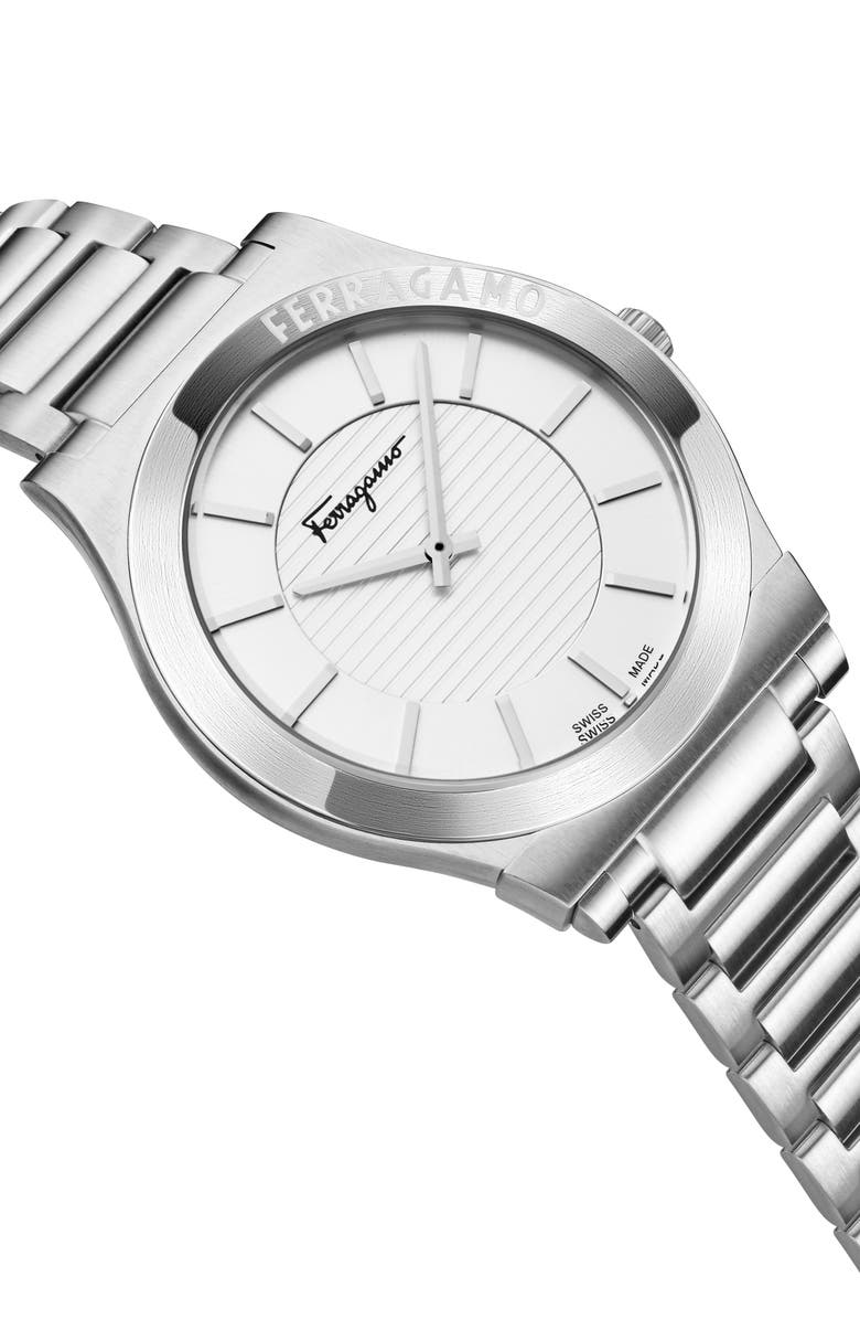 FERRAGAMO Gancini Swiss Quartz Bracelet Watch, Alternate, color, White/ Stainless Steel