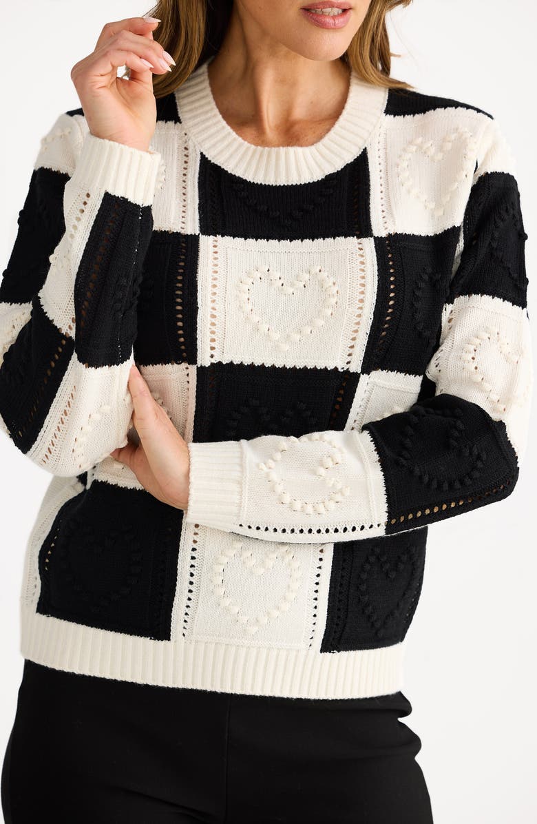 Brave+True Heart of Hearts Checkerboard Sweater, Alternate, color, Black/ Natural