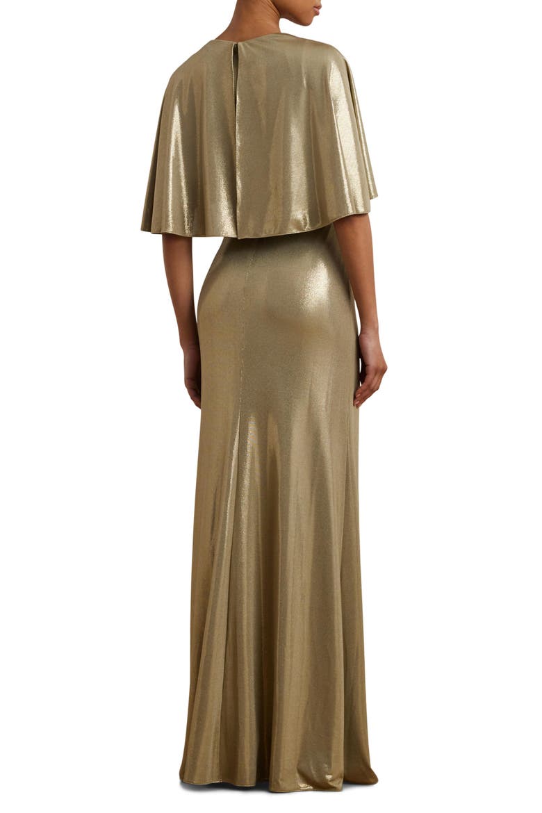 Metallic Cape Overlay Jersey Column Gown, Alternate, color, MEDIUM PEWTER/ GOLD FOIL
