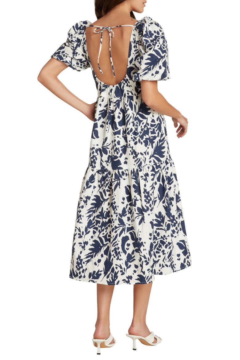 Margot Puff Sleeve Linen Blend Midi Dress, Alternate, color, INDIGO