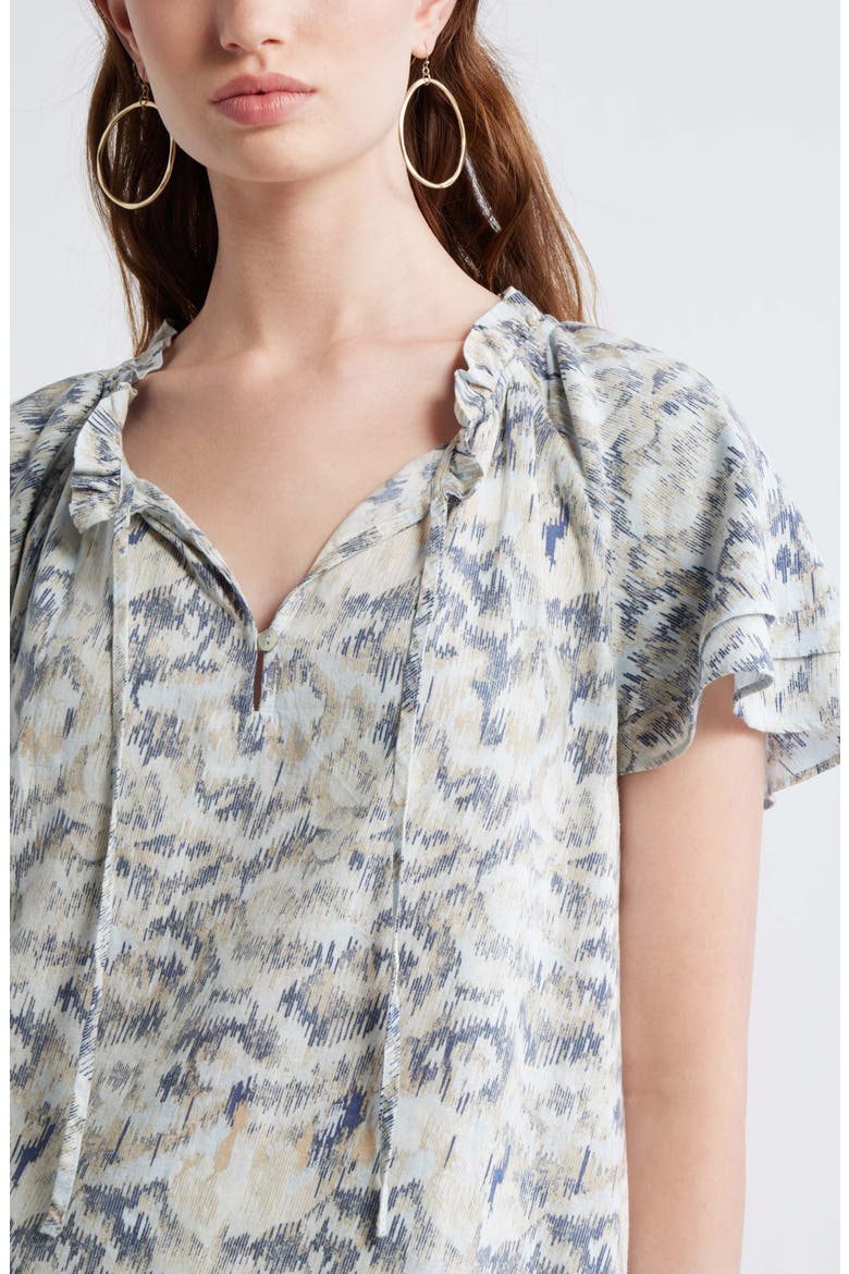Shirred Botanical Print Linen Blend Top, Alternate, color, IVORY- BLUE B DAISY TAPESTRY