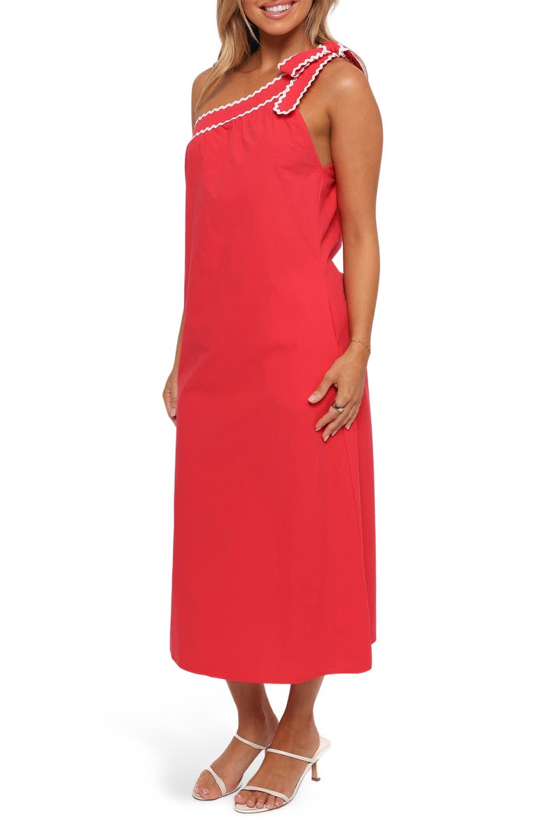 Petal & Pup Brynlee Rickrack Trim One-Shoulder Cotton Midi Dress, Alternate, color, Red/ White