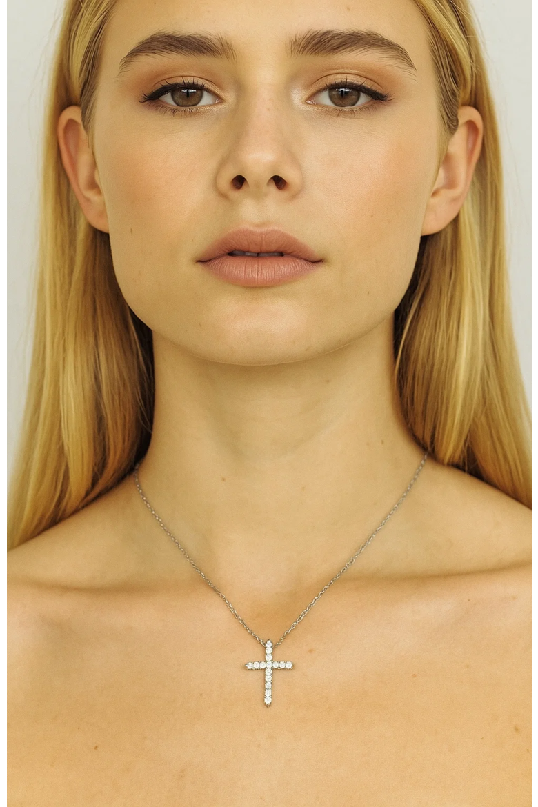 Timeless Grace CZ Cross Pendant Necklace, Alternate, color, Silver
