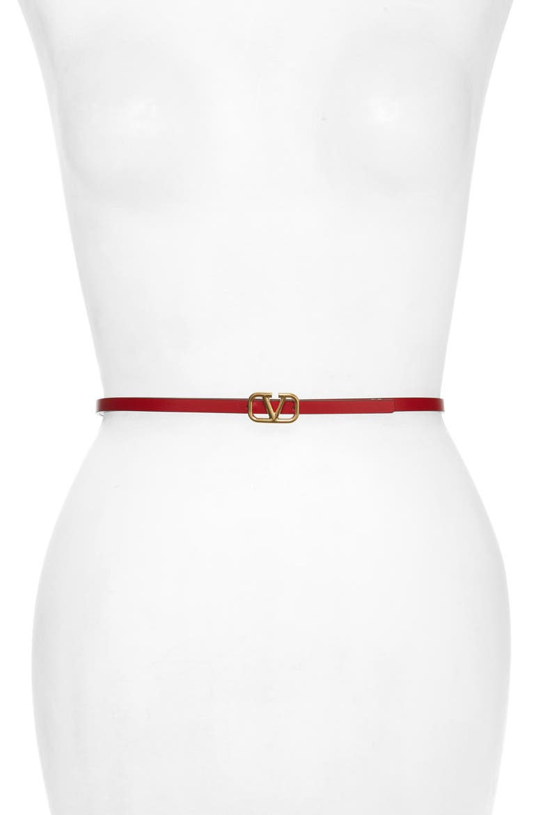 VLOGO Skinny Leather Belt, Alternate, color, NERO/ ROUGE PUR