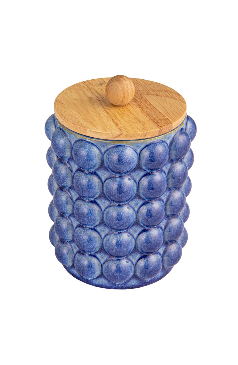 Storied Home Small Stoneware Canister with Raised Dots and Wood Lid and Reactive Glaze, Navy Color and Natural, Main, color, Blue