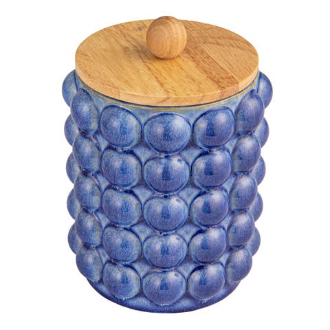 Small Stoneware Canister with Raised Dots and Wood Lid and Reactive Glaze, Navy Color and Natural