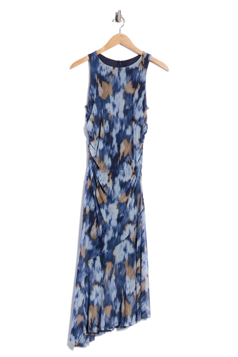 Sleeveless Asymmetric Hem Mesh Midi Dress, Alternate, color, NAVY/ DENIM/ TAN