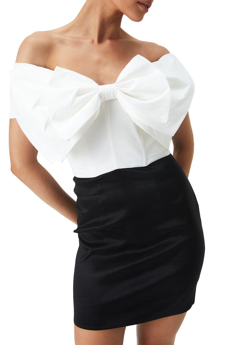 Bow Colorblock Off the Shoulder Minidress, Alternate, color, WHITE/ BLACK