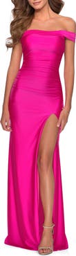 La Femme Off the Shoulder Dress with Tie Back and Slit