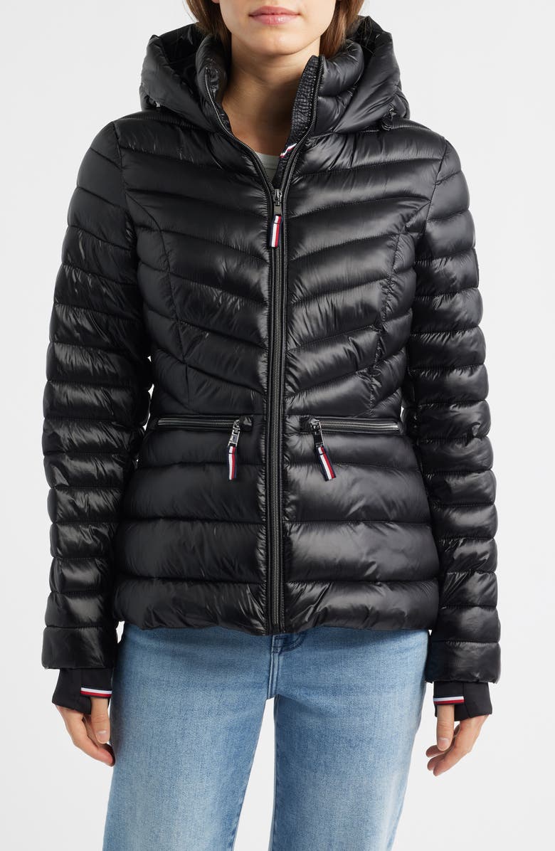 Tommy Hilfiger Packable Chevron Puffer Jacket with Hood, Main, color, Black