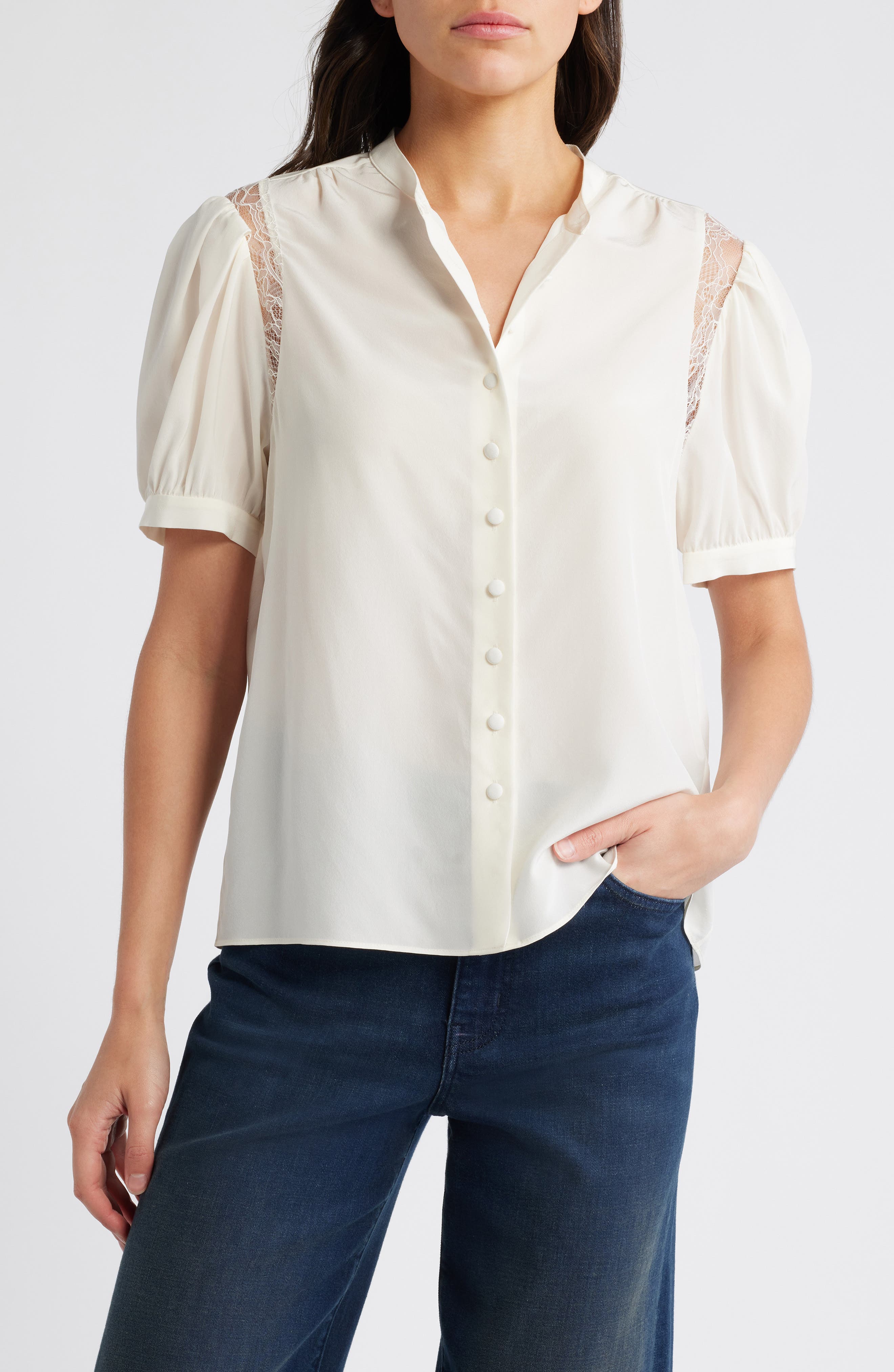 FRAME Lace Inset Silk Button-Up Shirt