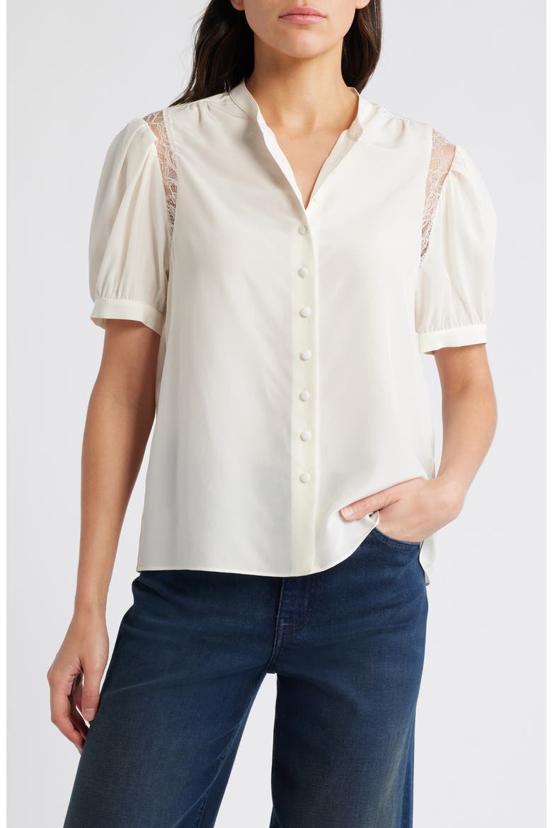 Lace Inset Silk Button-Up Shirt, Main, color, CREAM