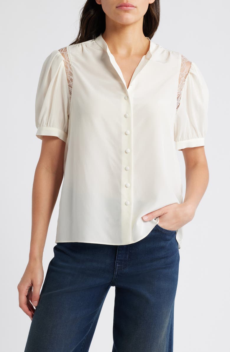 FRAME Lace Inset Silk Button-Up Shirt, Main, color, Cream