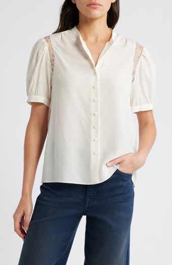 FRAME Lace Inset Silk Button-Up Shirt