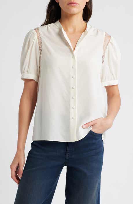 FRAME Lace Inset Silk Button-Up Shirt