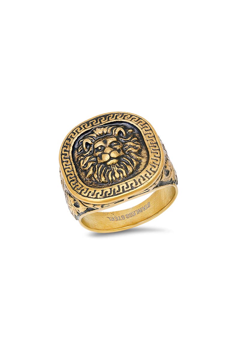 Men's 18k Gold Plated Lion Head Signet Ring, Main, color, GOLD