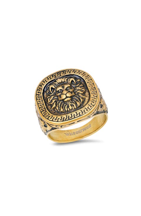 Men's 18k Gold Plated Lion Head Signet Ring