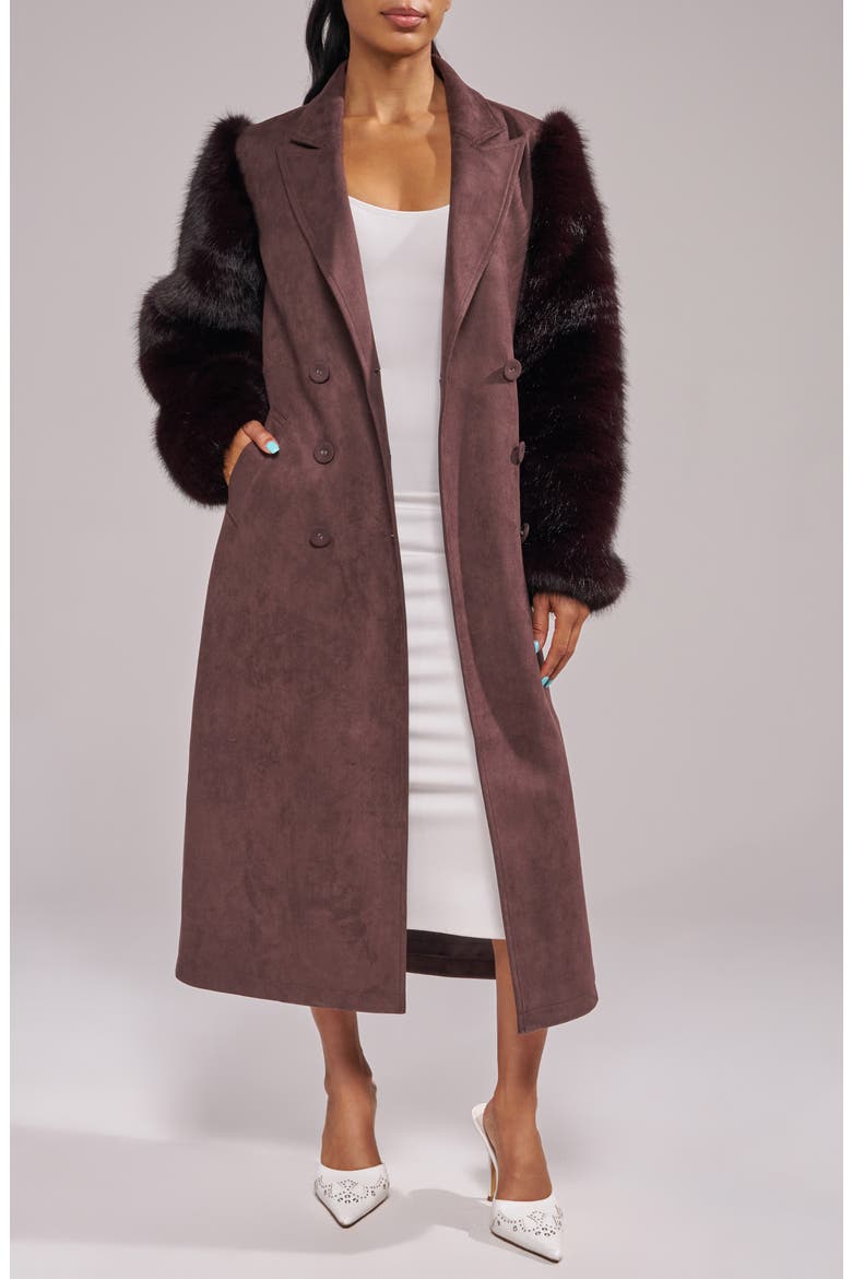 Lurielle Faux Fur Sleeve Faux Suede Trench Coat, Alternate, color, ESPRESSO