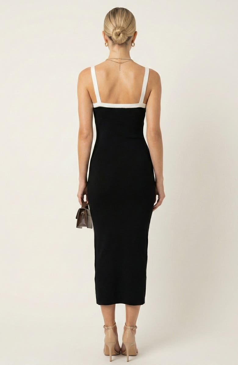 Modenaire Square Neck Contrast Trim Midi Dress, Alternate, color, Black / White