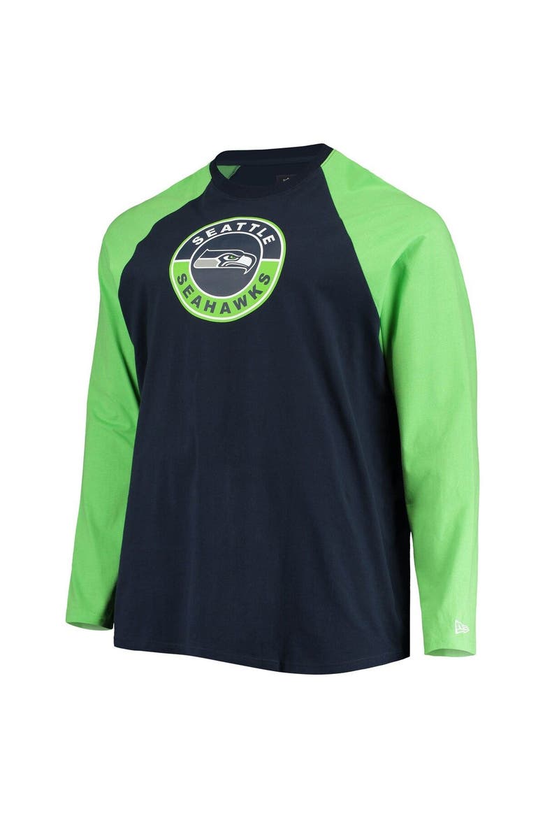 Men's New Era College Navy/Neon Green Seattle Seahawks Big & Tall League Raglan Long Sleeve T-Shirt, Alternate, color, Navy