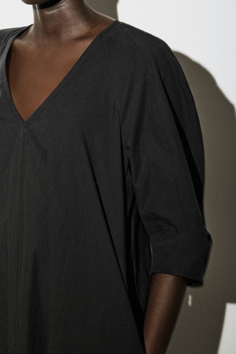 Rounded V-Neck Cotton Midi Dress, Alternate, color, BLACK