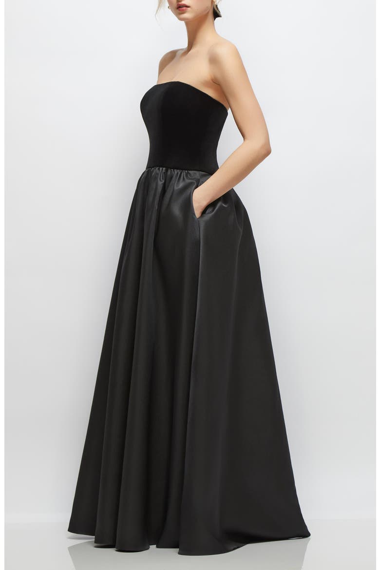 Strapless Mixed Media Gown, Alternate, color, BLACK