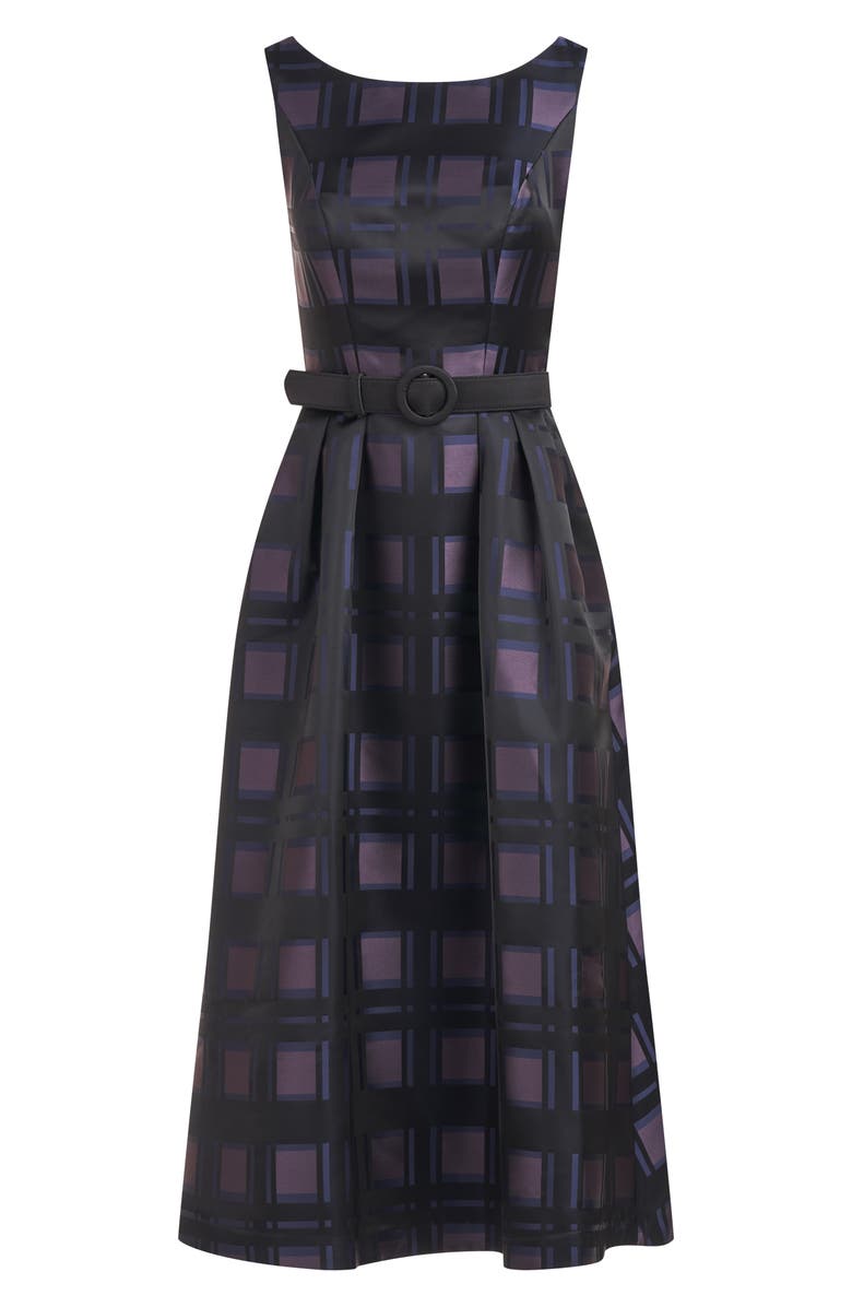 Kay Unger Isla Plaid Pleated Belted Cocktail Dress, Alternate, color, Black/ Night Blue
