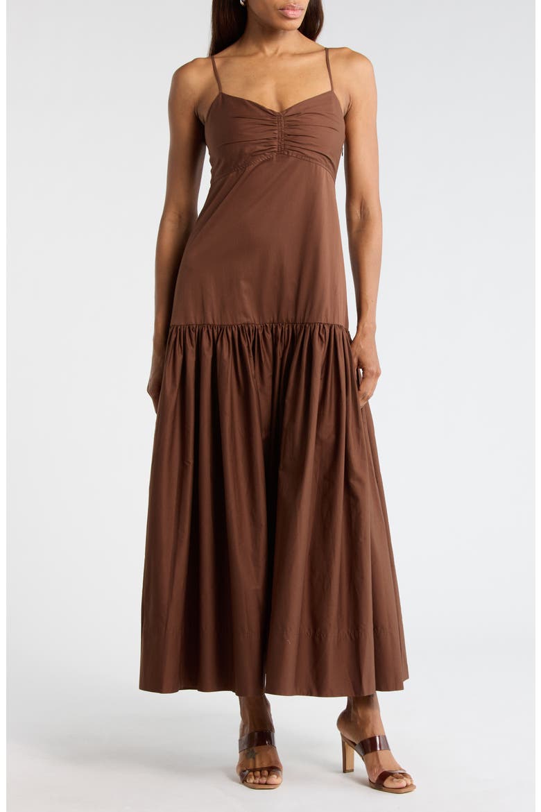 Harper Ruched Cotton Maxi Dress, Main, color, MILK CHOCOLATE