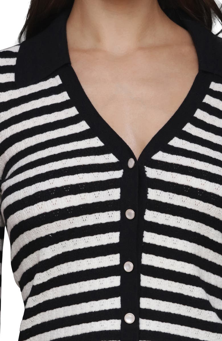 Avec Les Filles Striped Pointelle Polo Cardigan, Alternate, color, Black/ Cream