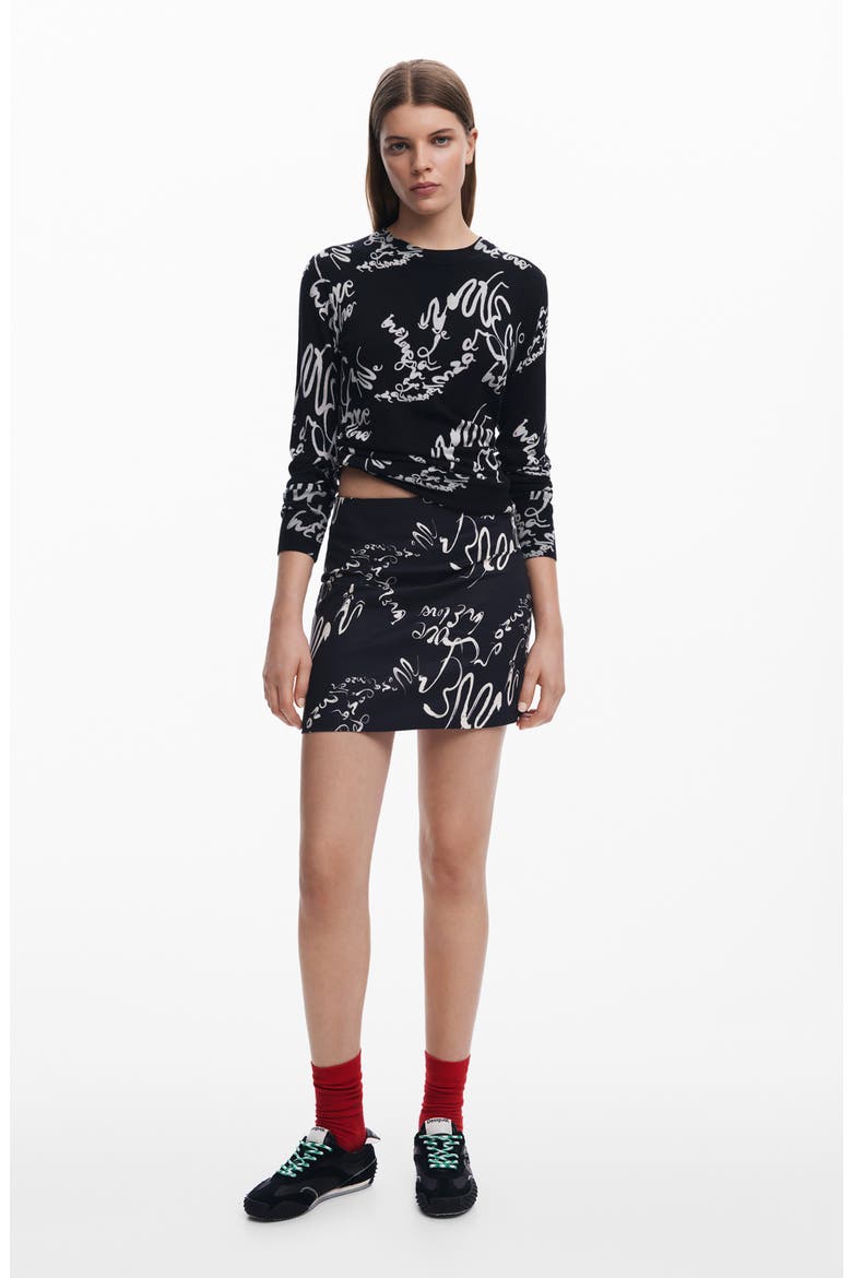 Sketchbook Print Miniskirt, Alternate, color, BLACK