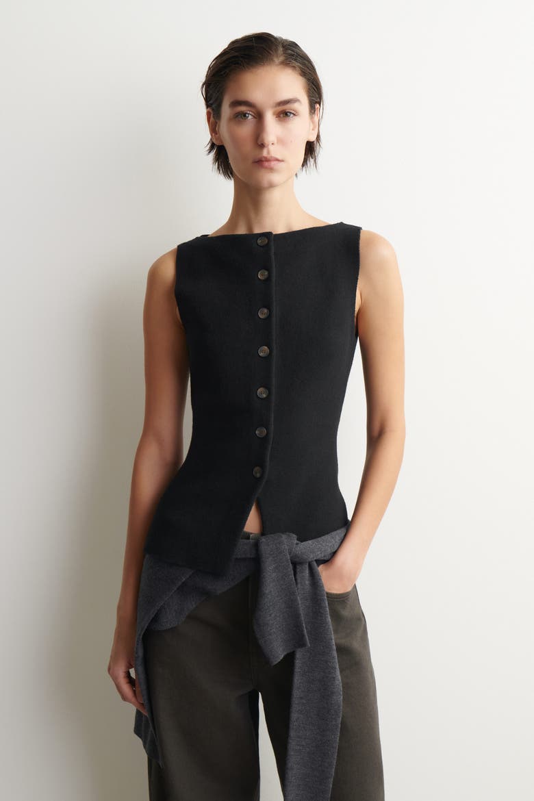 Cotton-Blend Crepe Vest, Main, color, BLACK