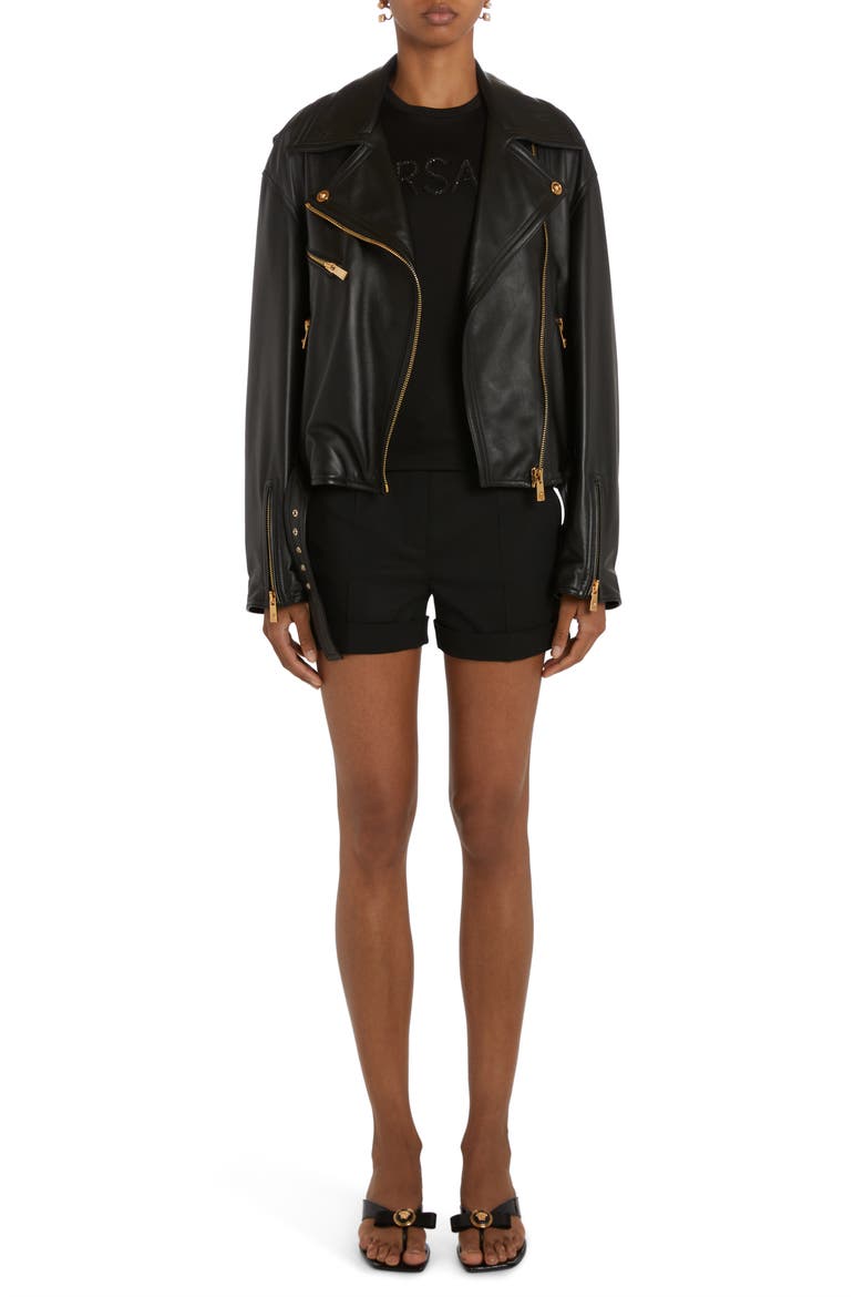 Medusa Stretch Virgin Wool Shorts, Alternate, color, BLACK
