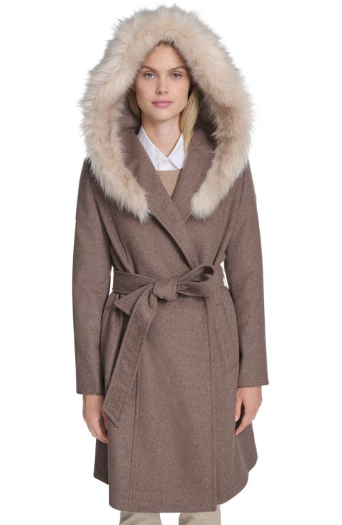 Cole Haan Slick Wool Blend Coat With Faux Fur Trim Hood In Brown