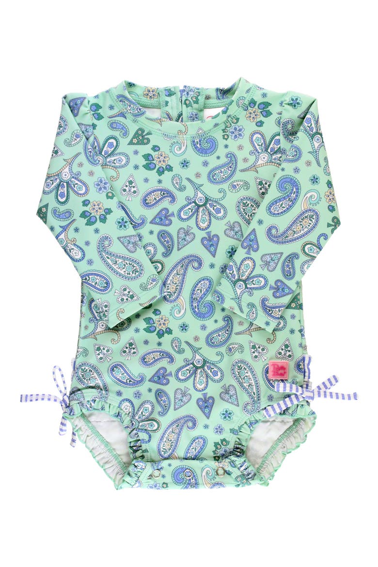 Sea Glass Paisley Long Sleeve One-Piece Rashguard Swimsuit, Main, color, BLUE