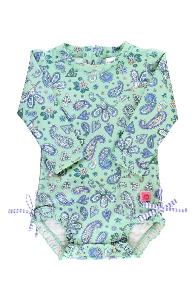RuffleButts Sea Glass Paisley Long Sleeve One-Piece Rashguard Swimsuit, Main, color, 
