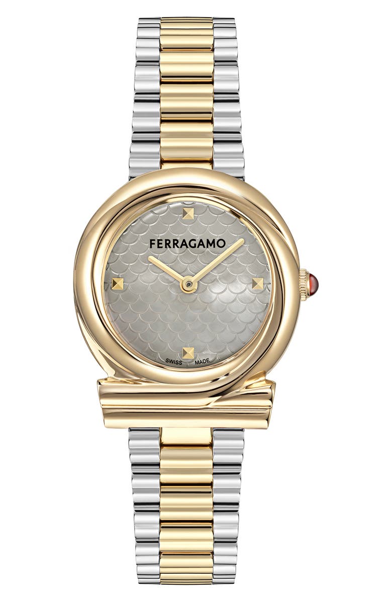 FERRAGAMO Gancini Mother-of-Pearl Two-Tone Twisted Bracelet Watch, 32mm, Main, color, Two Tone