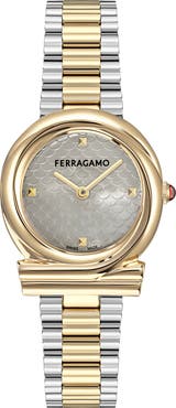 FERRAGAMO Gancini Mother-of-Pearl Two-Tone Twisted Bracelet Watch, 32mm