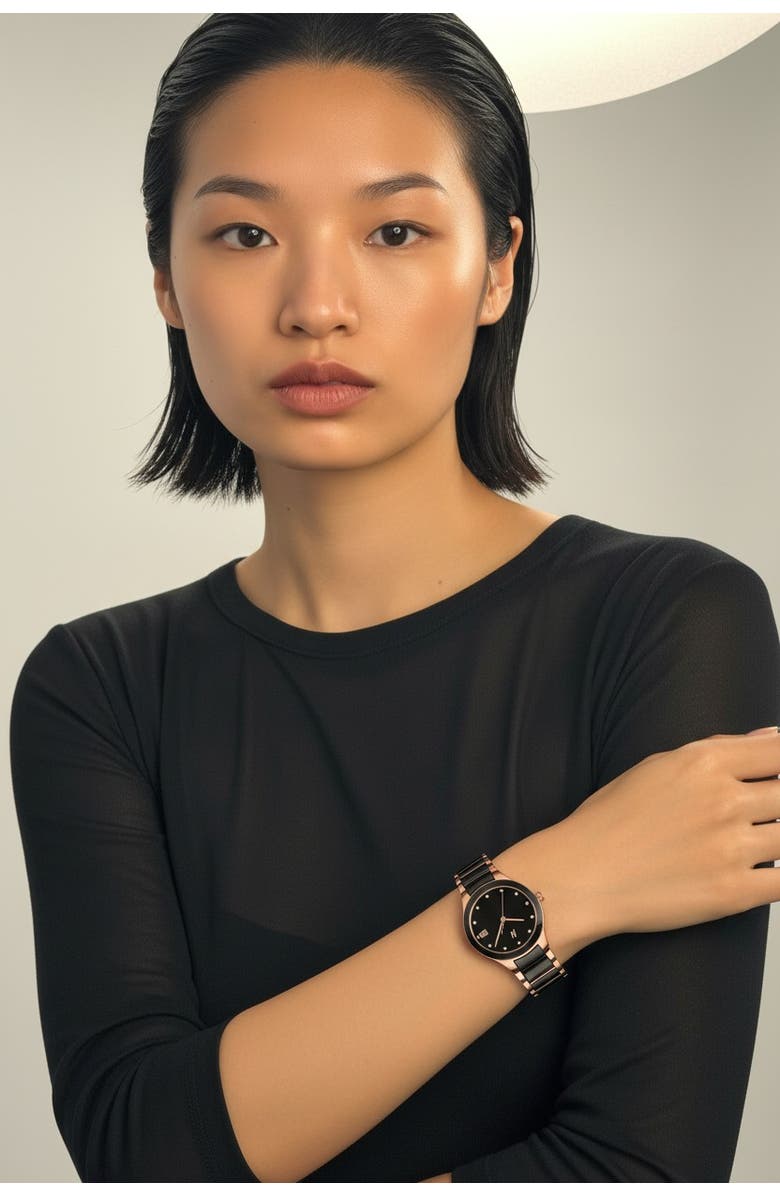 NCMPRBL Petite Link Miracle Ceramic Bracelet Watch, 34MM, Alternate, color, Black/Rose Gold