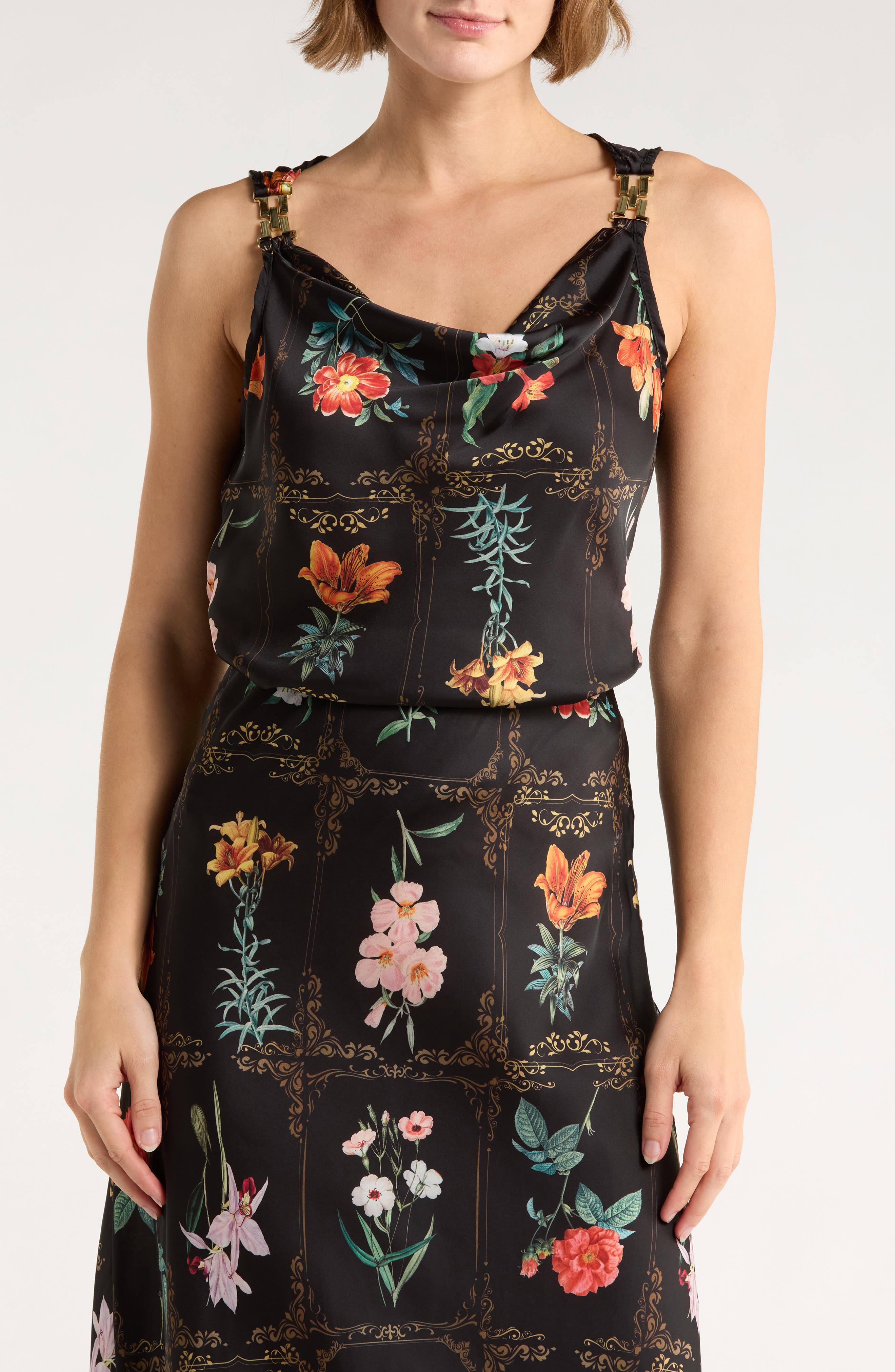 TASH AND SOPHIE Floral Hardware Satin Top