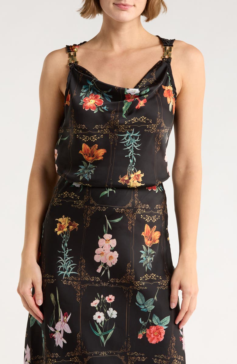 TASH AND SOPHIE Floral Hardware Satin Top, Main, color, Black/ Multi