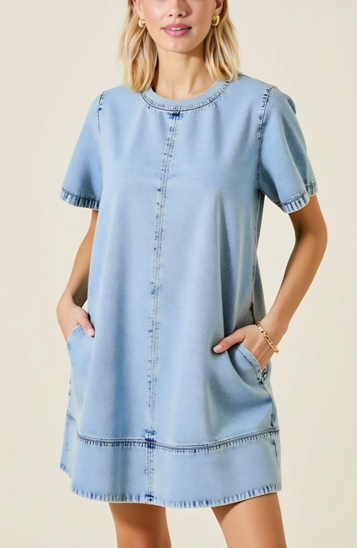 Modenaire Denim Mini Dress With Short Sleeves Pockets Back Zip Detail In Blue
