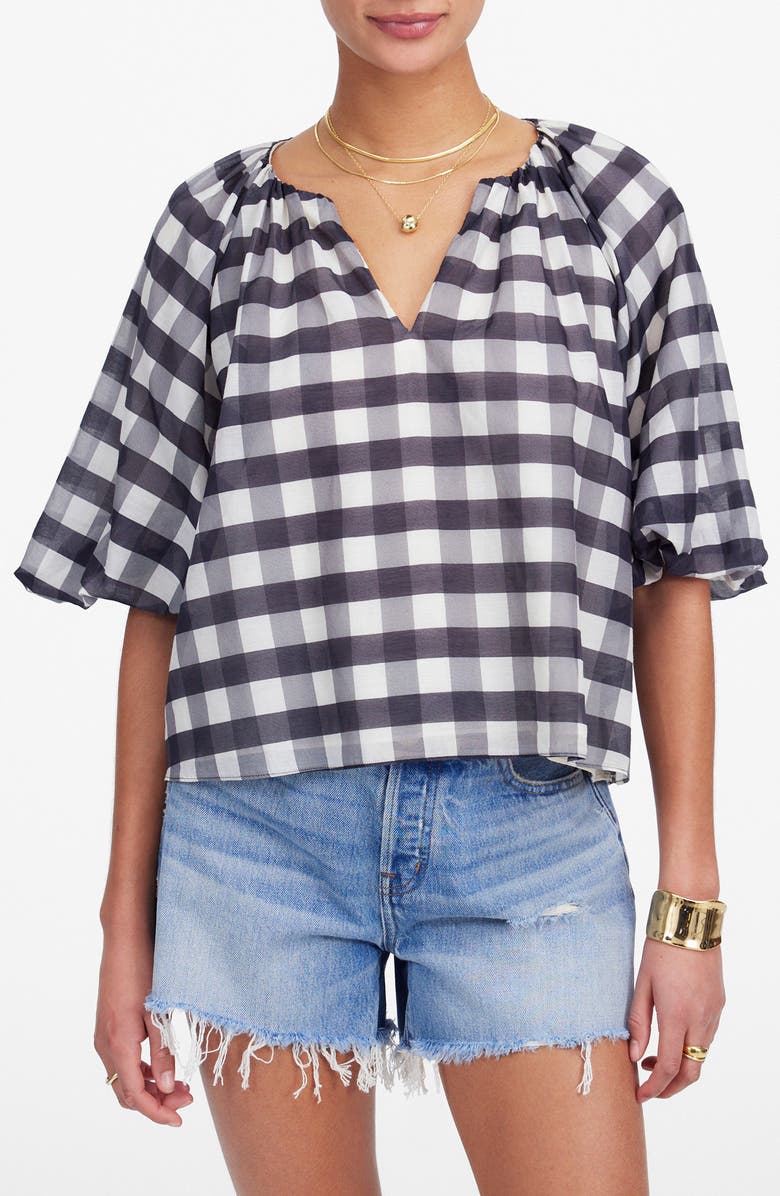 Madewell Gingham Bubble Sleeve Top, Main, color, True Black