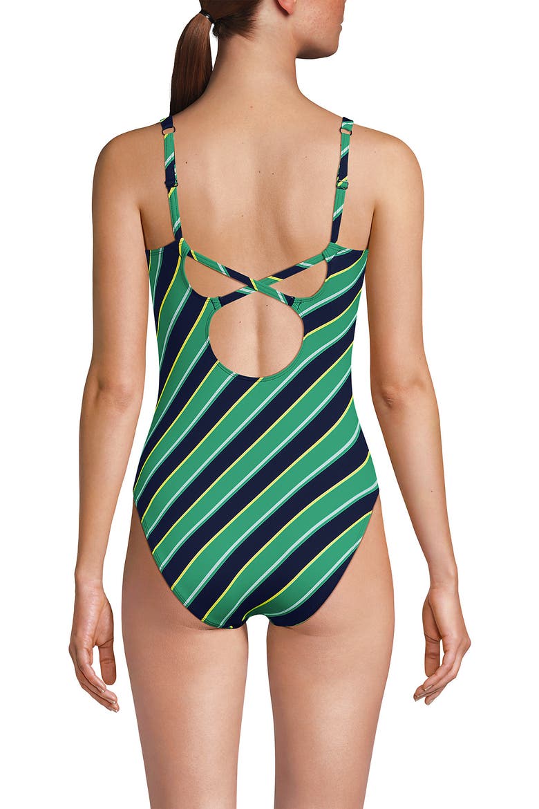 V-Neck High Leg Strappy Back One Piece, Alternate, color, Green/Navy Diagonal Stripe