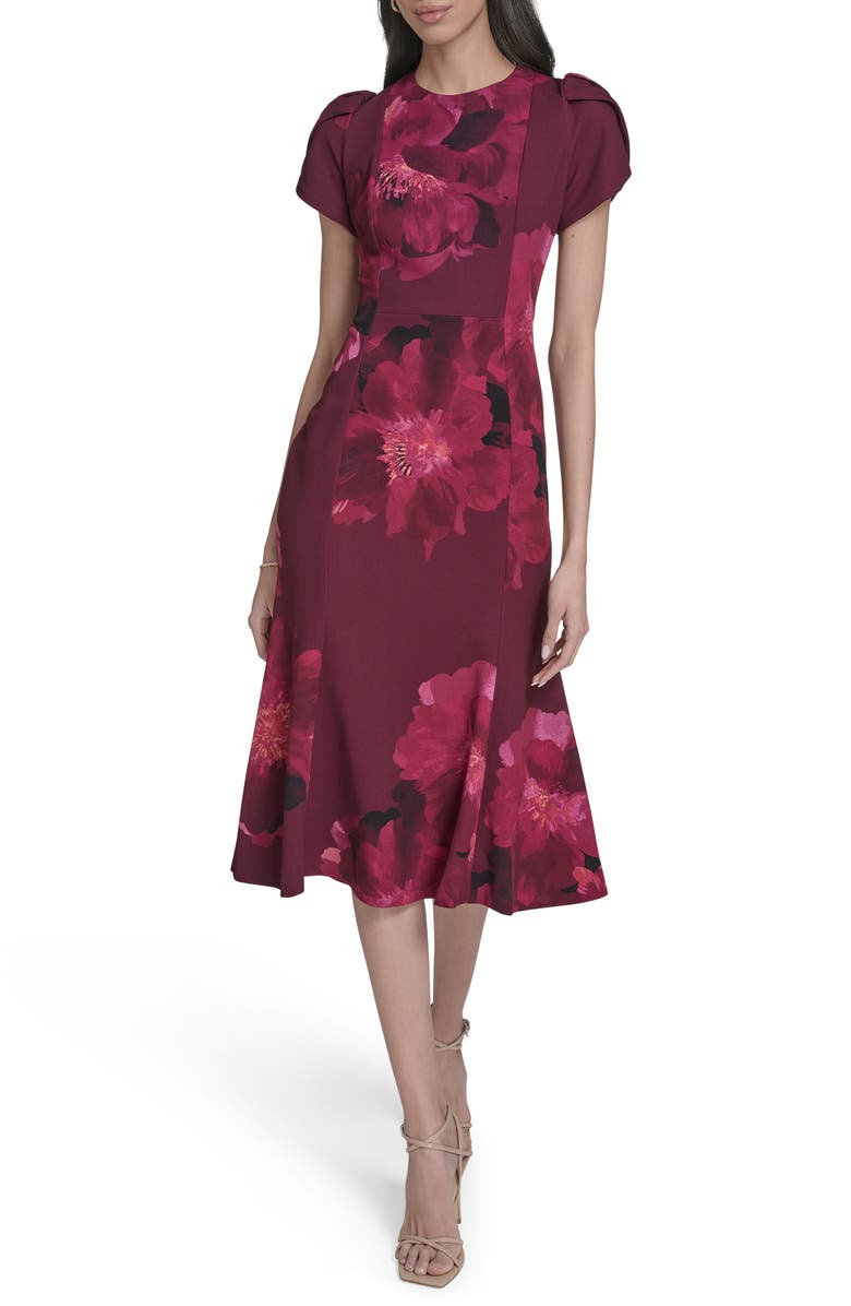 Calvin Klein Floral Sheath Midi Dress, Main, color, Rosewood Multi
