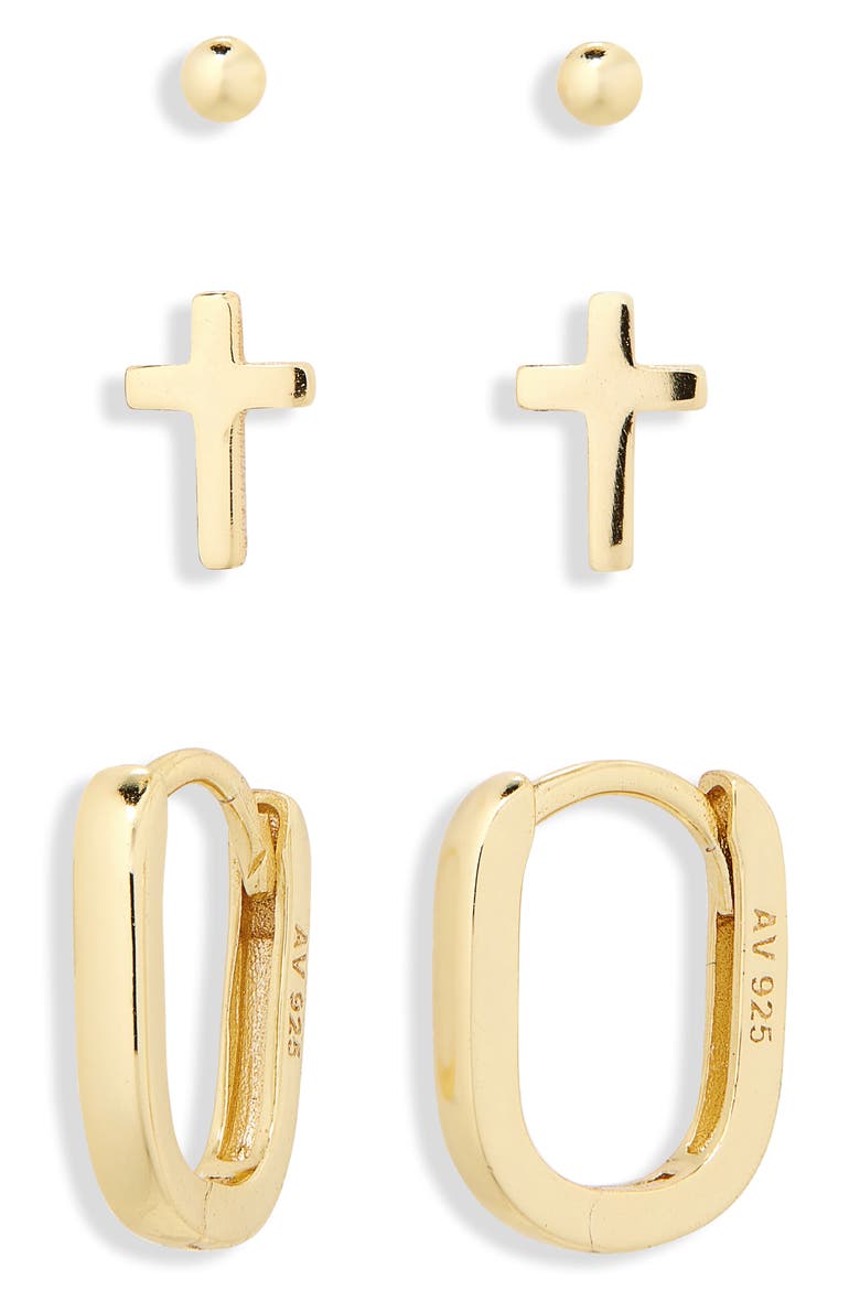 Set of 3 Huggie Hoop, Cross & Ball Stud Earrings, Alternate, color, GOLD