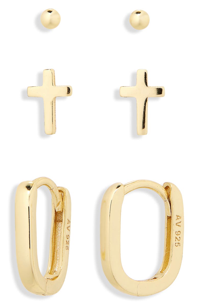 ARGENTO VIVO Set of 3 Huggie Hoop, Cross & Ball Stud Earrings, Alternate, color, Gold