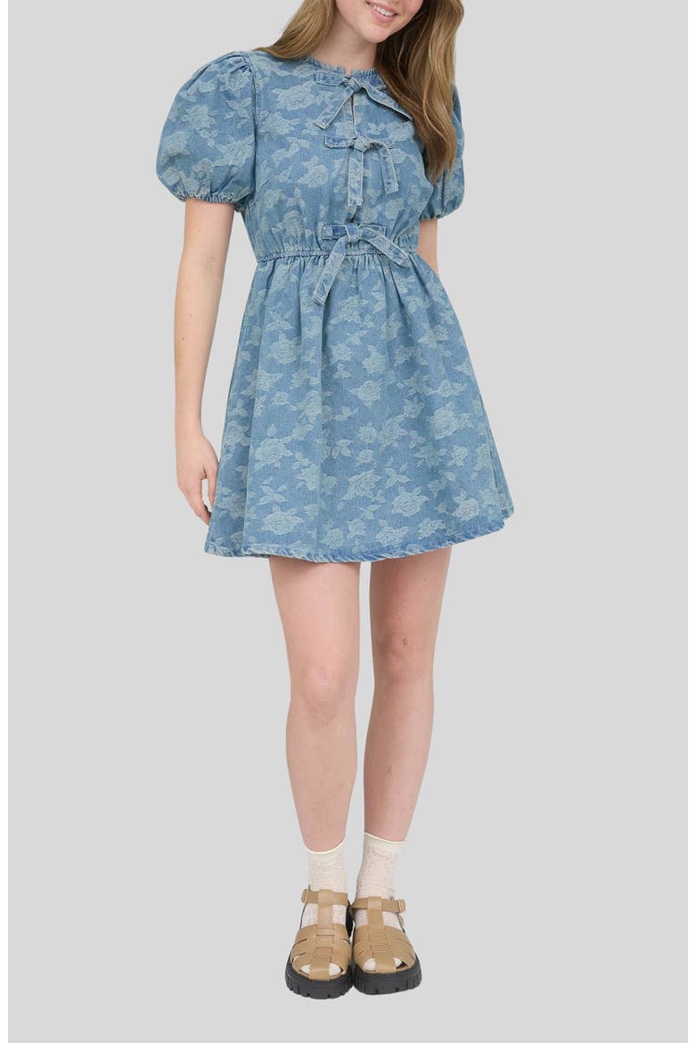 Bow Detail Floral Jacquard Denim Minidress, Main, color, DENIM