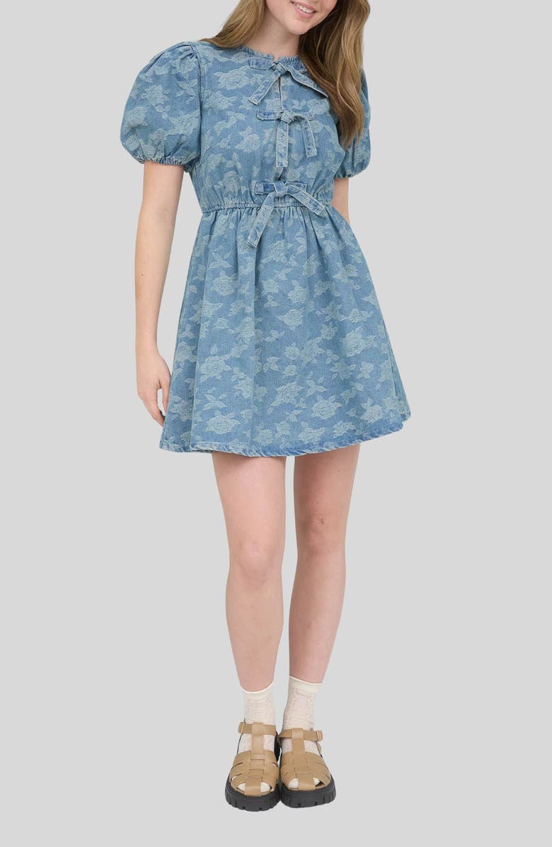 Blu Pepper Bow Detail Floral Jacquard Denim Minidress, Main, color, Denim
