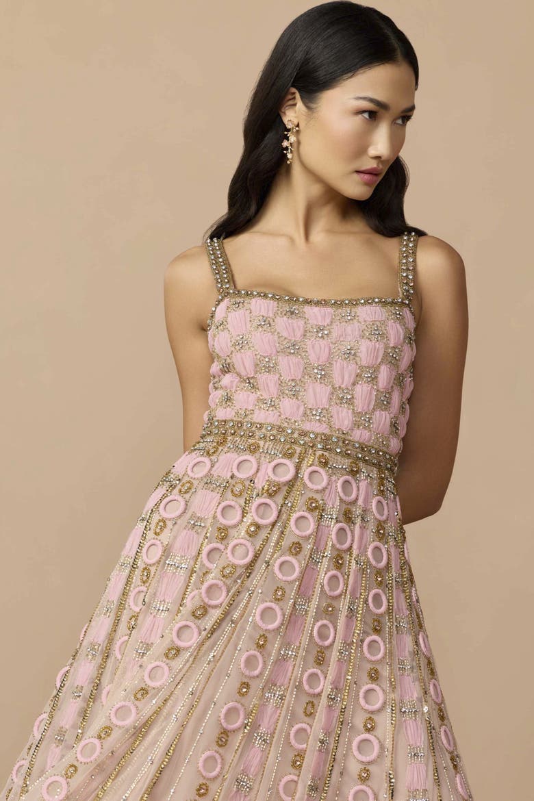 Petite Embellished Mesh A-Line Evening Gown, Alternate, color, Rose